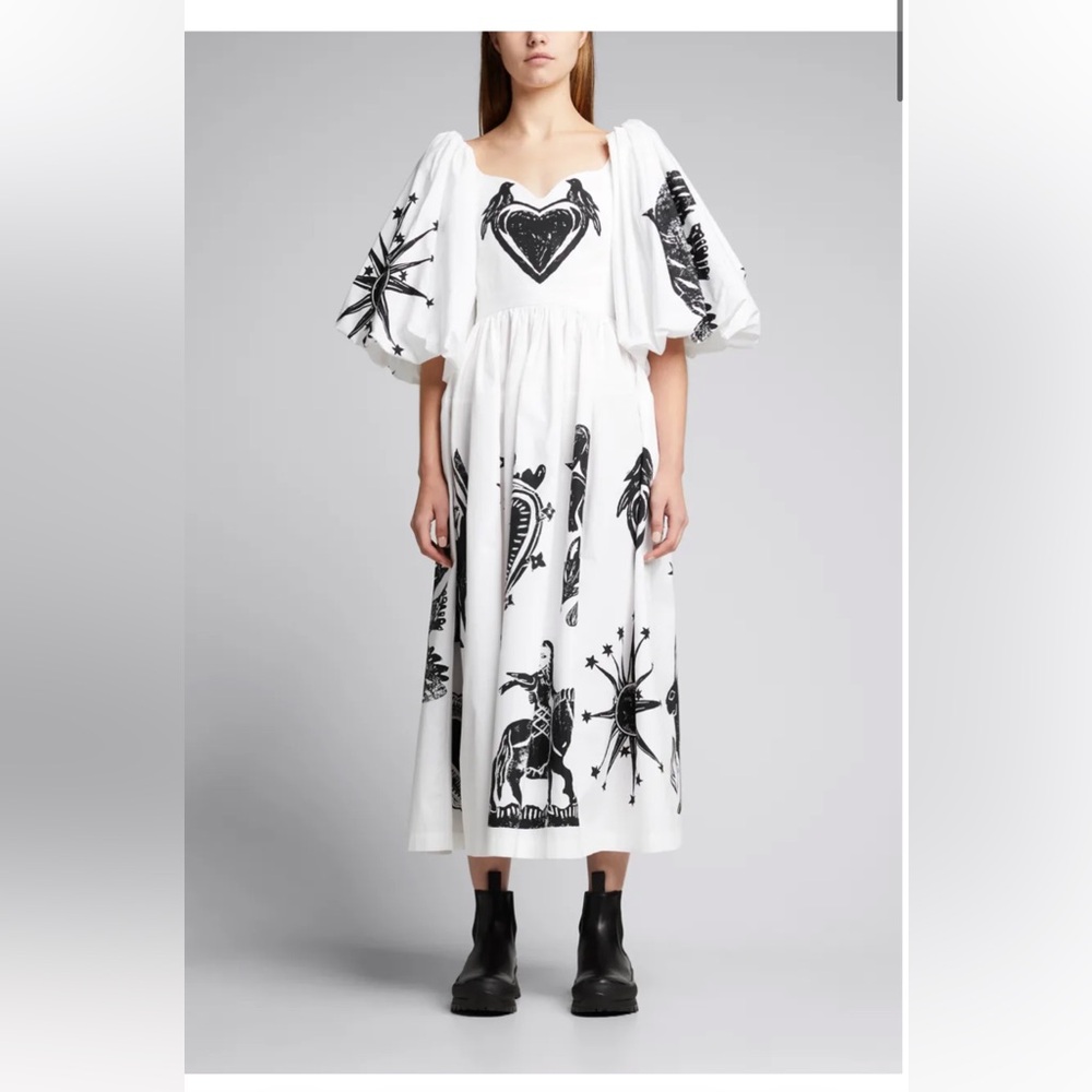 Alexander McQueen Papercut-print Puff-sleeve Poplin Midi Dress In White